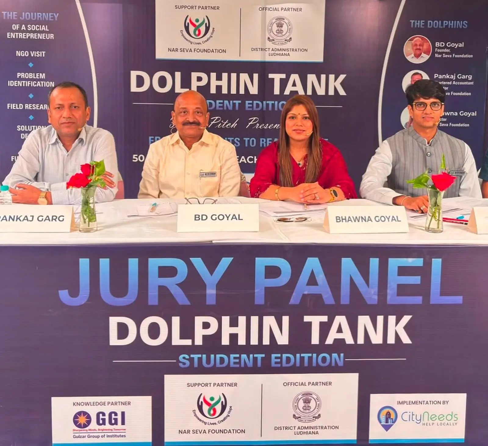 Nar Seva Foundation leaders Pankaj Garg, BD Goyal and Bhavna Goyal on the Dolphin Tank jury in Ludhiana